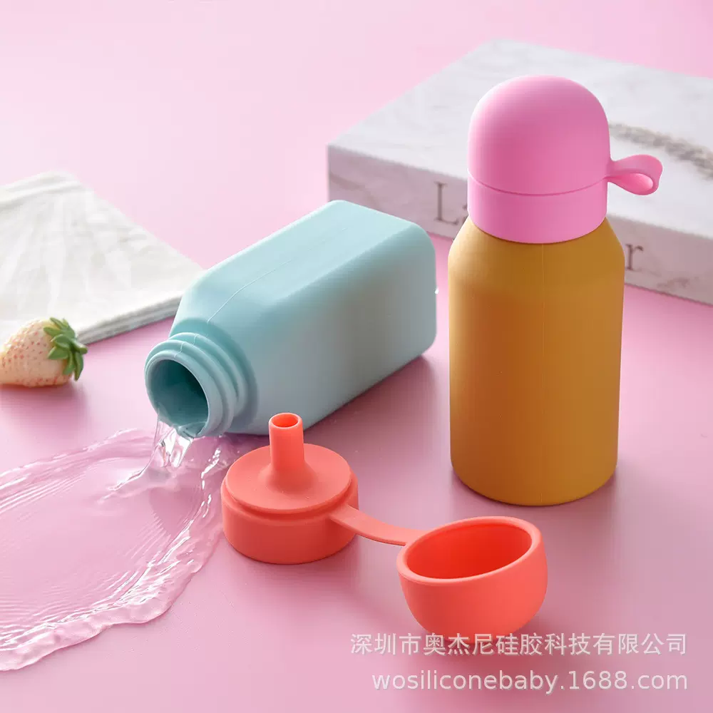 定制儿童学饮杯食品级硅胶婴儿耐摔带盖水杯方形圆形连盖吸嘴杯