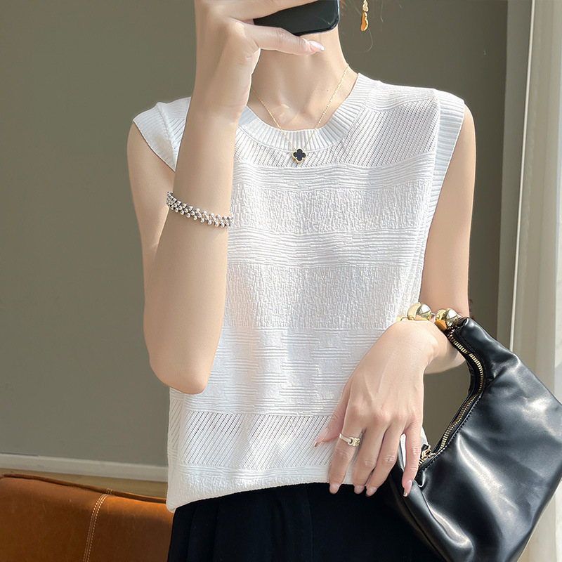 2024 Spring New Round Neck Ice Silk Camisole Vest Women's Inner Matching Suit Base Shirt Knit Sleeveless Top