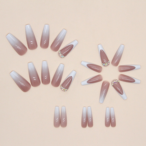 European and American long ballet gradient ins wind pile diamond fake nails white long French ladies special manicure nails