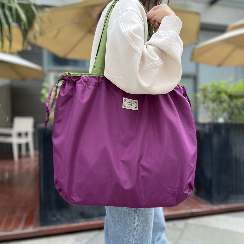 국경 간 일본과 한국식 방수 에코 백 솔리드 컬러 안티 메모리 폴딩 쇼핑백 드로스트링 포켓 여성용 숄더 백