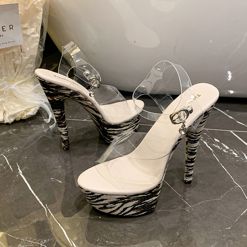 15cm Sky-High Leopard Print Striped Platform High-Heeled Sandals for Pole Dancing Model Runway Show, Light Luxury Style