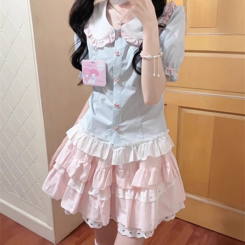 夏季新款韩系可爱少女一整套穿搭粉色蛋糕裙女搭配蓝色娃娃领上衣|undefined