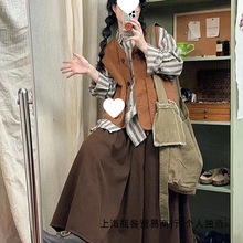 日系软妹森系简约马甲女学生秋复古半身裙休闲衬衫套装