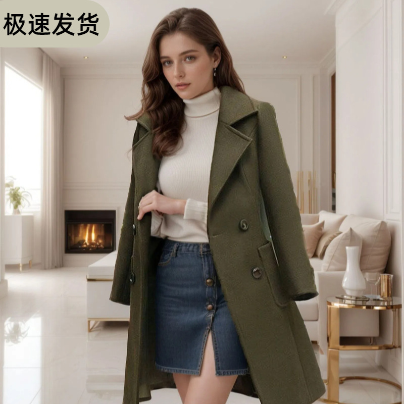 【亚码】跨境秋冬款修身显瘦时尚气质长款收腰呢子大衣