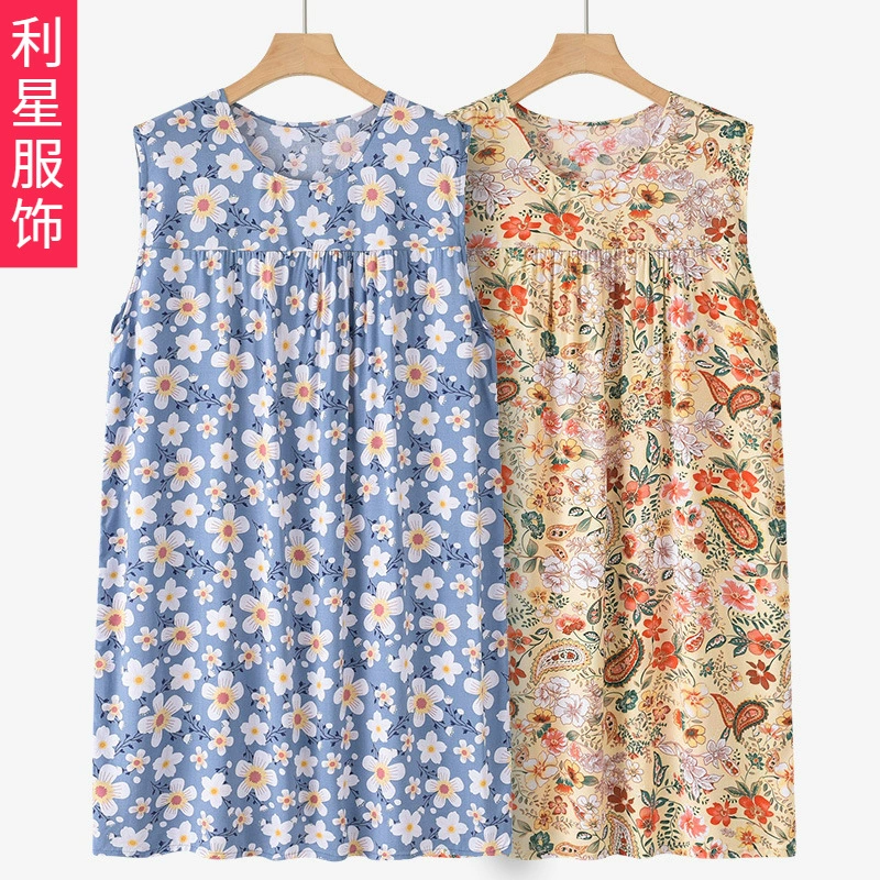 Женская хлопковая шелковая ночная рубашка без рукавов для мам, новая летняя тонкая Свободная Домашняя одежда для людей среднего и пожилого возраста, летнее платье