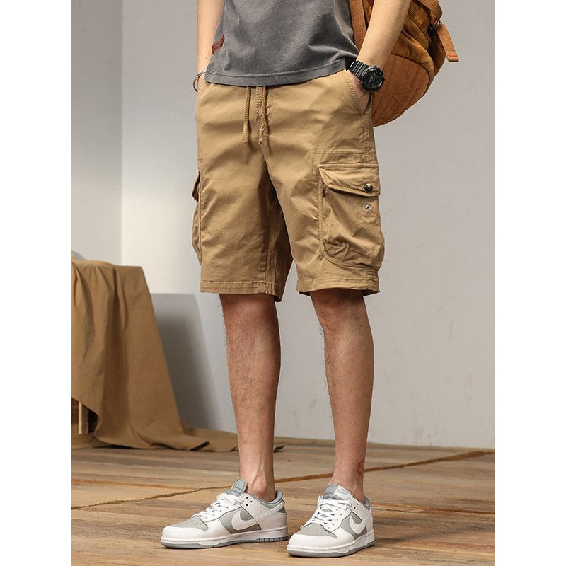 Summer New Men's Cargo Shorts Pure Cotton Men's Casual Multi-Pocket Pants Loose Plus Size Garment-Dyed Mid-Length Shorts