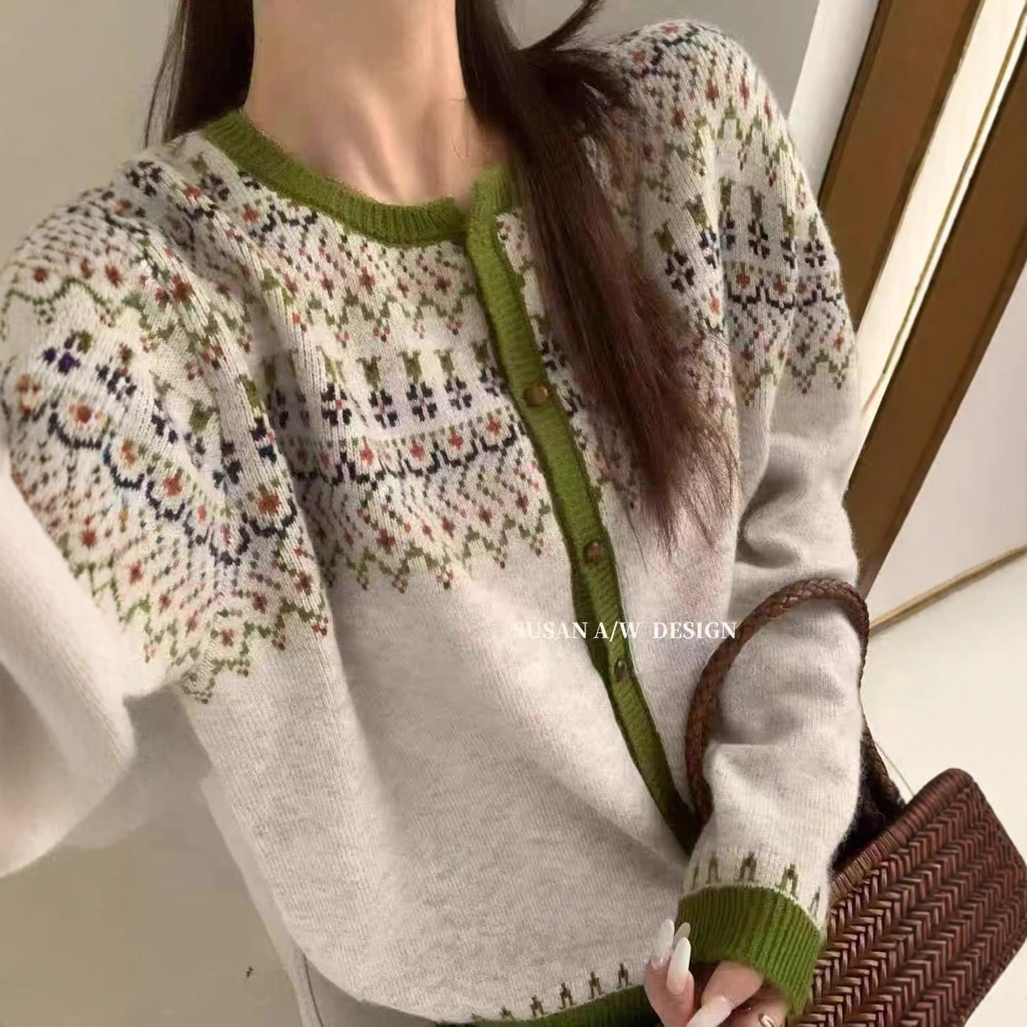 Korean Style~Round Neck Fair Isle Jacquard Wool Cardigan Jacket 0928-175