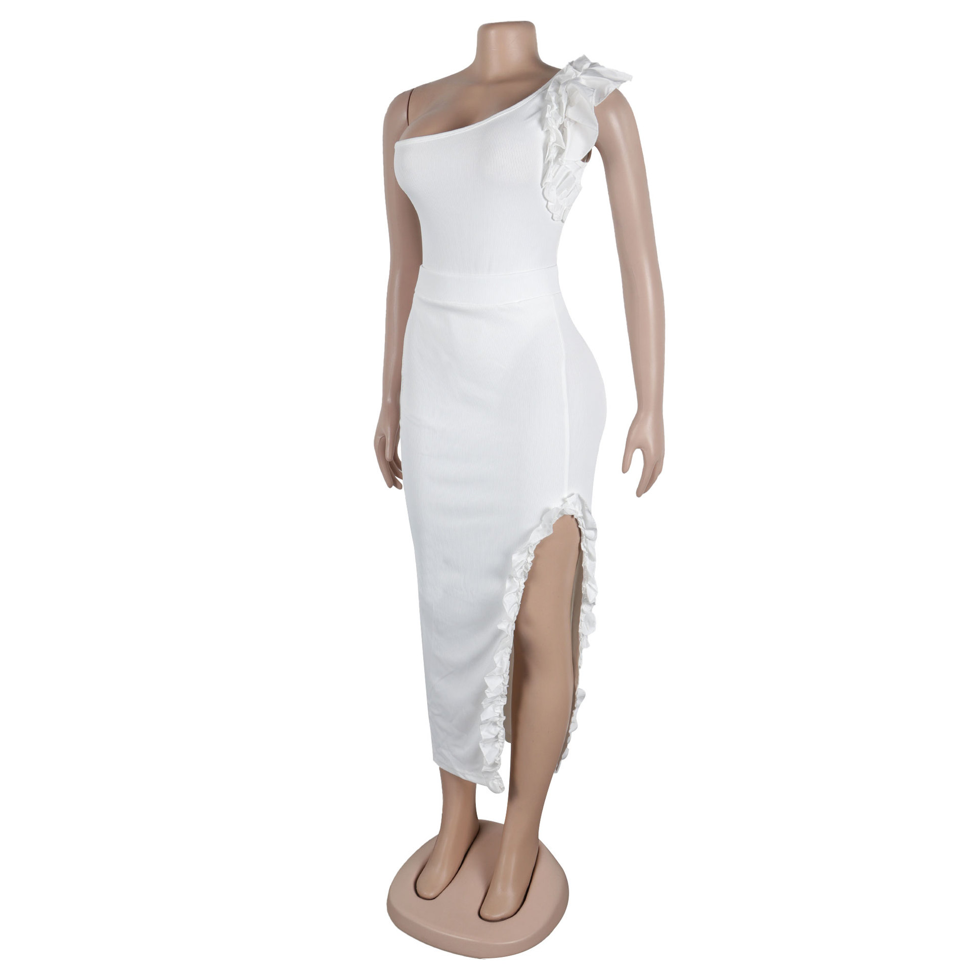 362g Weight Sleeveless Sleeve Length Polyester Fabric Type Skirt Co-ord Set Sets Type 2 Pieces Set Quantity Holiday Occasion One Shoulder Neckline Slim Fit Type Solid Color Pattern Summer Season Women's Gender Frill Design Elegant Style Holiday Women's Elegant Solid Color Polyester Frill Skirt Co-ord Set Skirt Sets 51