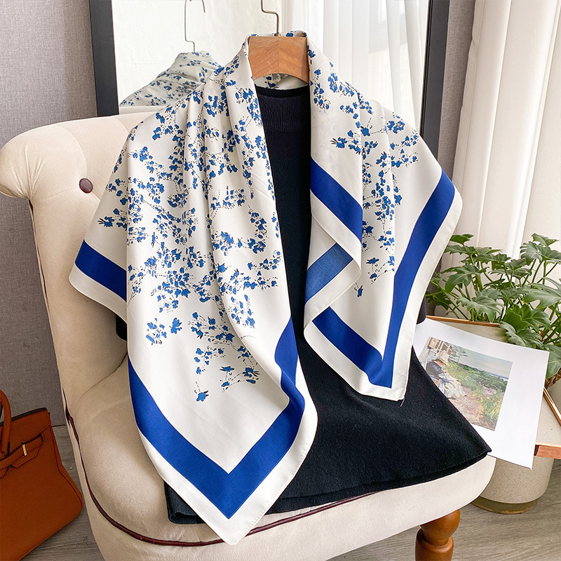 New Spring and Autumn 90X90 Large Square Scarf with Twill Texture, High-End Double-Sided Floral Print, Versatile Shawl, Wholesale Patterns