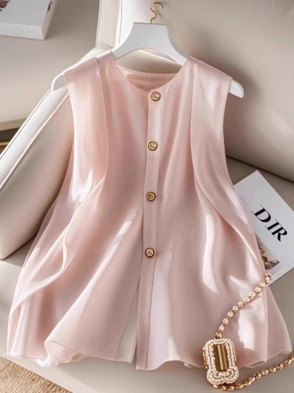 French-Style Light Luxury Pink Single-Breasted Chiffon Vest Shirt for Women, New Summer Model, Beautiful and Gentle, with a Chanel-Inspired Elegant Vibe