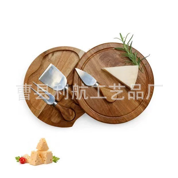 Круглая сырная доска из акации для дома и кухни с набором ножей для сыра, разделочная доска