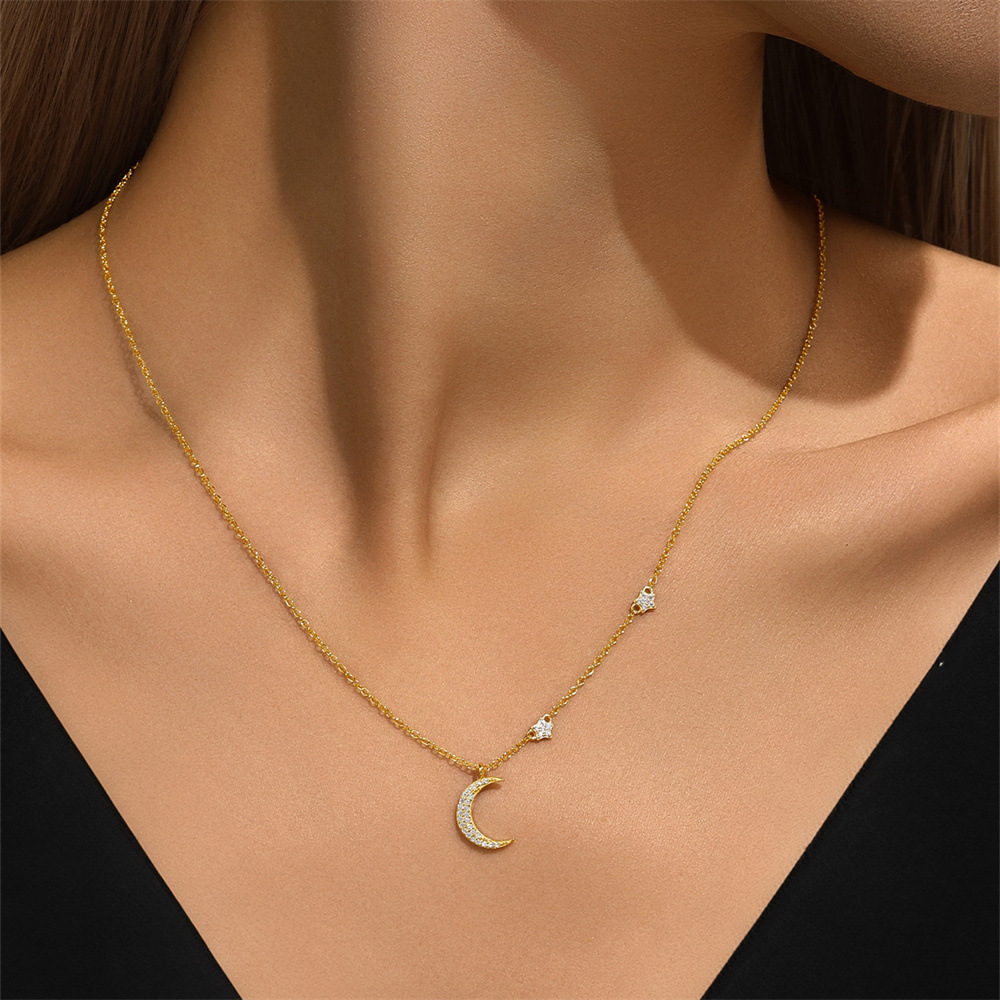 Zircon Inlay Material Pendant Necklace Classification 925 sterling silver Chain Material 925 Sterling Silver Zircon Cable Chain Plating Star Moon Pendant Necklace