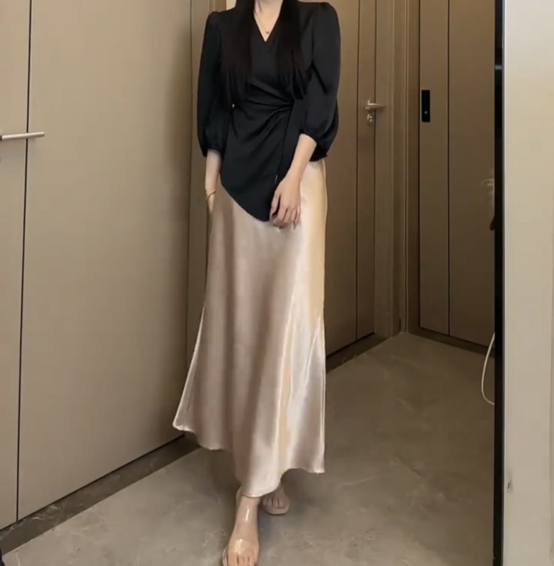 高腰显瘦中长款缎面醋酸丝滑半身裙春夏新款包臀鱼尾A字长裙|undefined