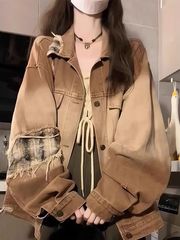 美式高街破洞贴布牛仔外套女潮牌春秋宽松慵懒风休闲工装夹克上衣