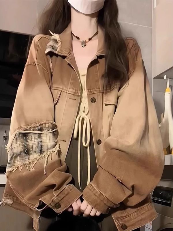 美式高街破洞贴布牛仔外套女潮牌春秋宽松慵懒风休闲工装夹克上衣|undefined