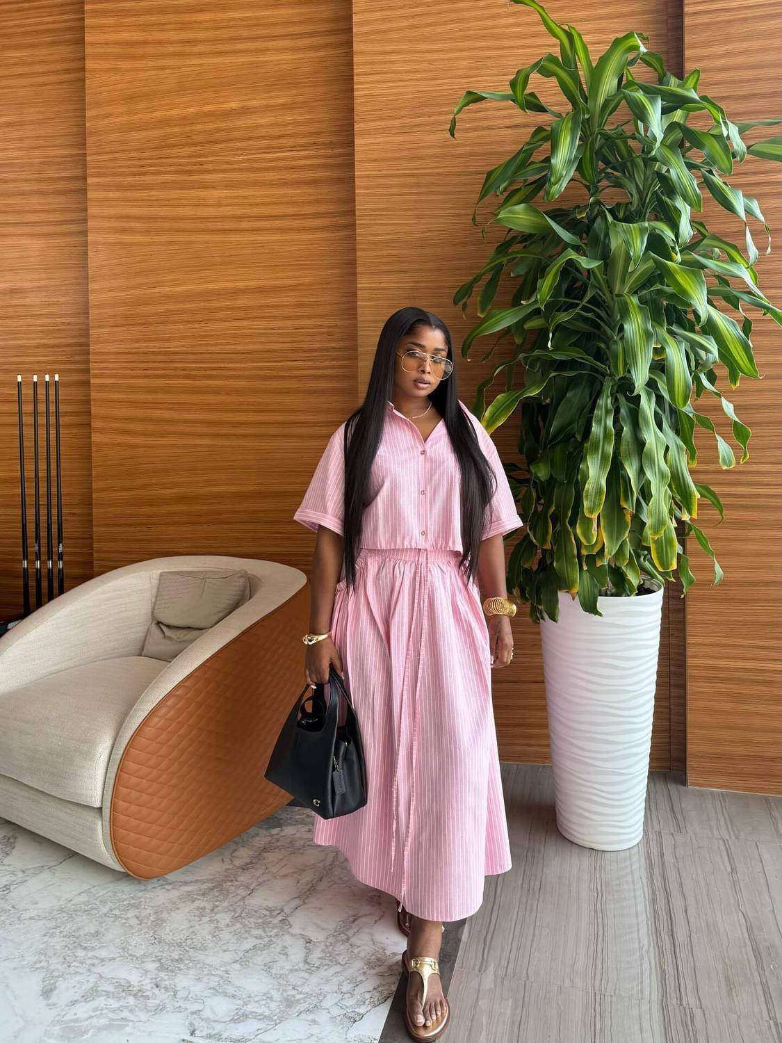 Women's Clothing Women's Style Striped Cardigan Shirt High Waist Slim Fit Tie Up Skirt Two Piece Set Fashion_ecoleips.com