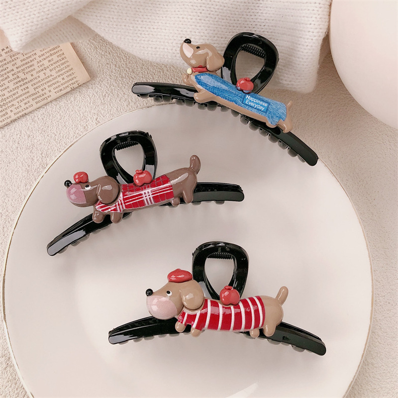 Nuevo clip de agarre de salchicha de cachorro de dibujos animados lindo y avanzado horquilla de sensación femenina en la parte posterior de la cabeza, horquilla de tiburón, tocado de agarre para el cabello