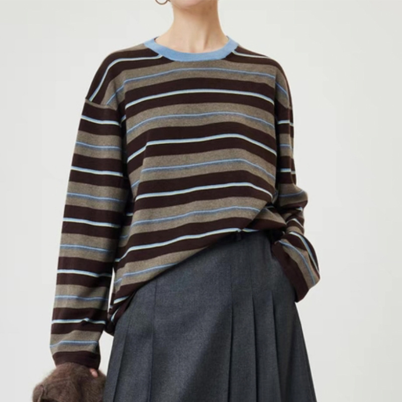 Kai Homologous Miu Style Vintage Striped Lyocell Wool Blended Base Shirt Women's Crewneck Knit Top