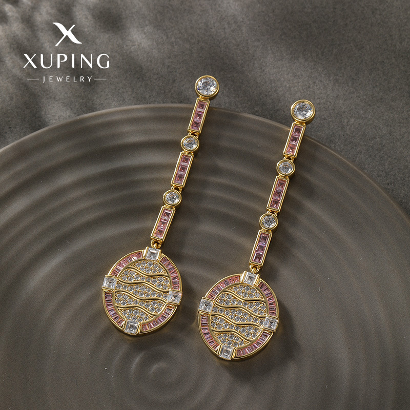 Xuping nuevos pendientes de moda ovalados de diamantes geométricos de cobre chapados en 14K color largos pendientes transfronterizos para mujeres