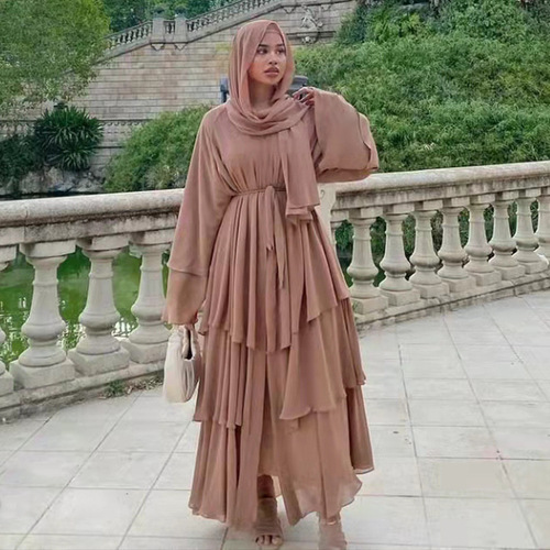 Direct Supply to Europe and the U.S. Fashionable Patchwork Three-Layer Chiffon Flowy Cardigan Dress Robe 9055