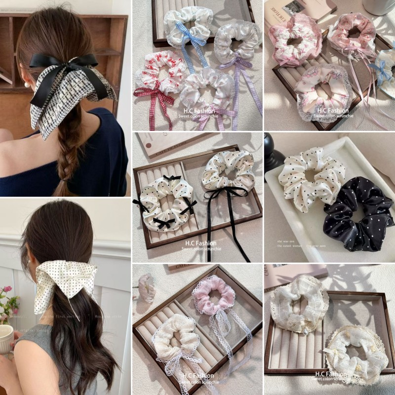 春夏新款甜美少女印花飘带波点大肠圈学生低马尾扎头绳方巾头花