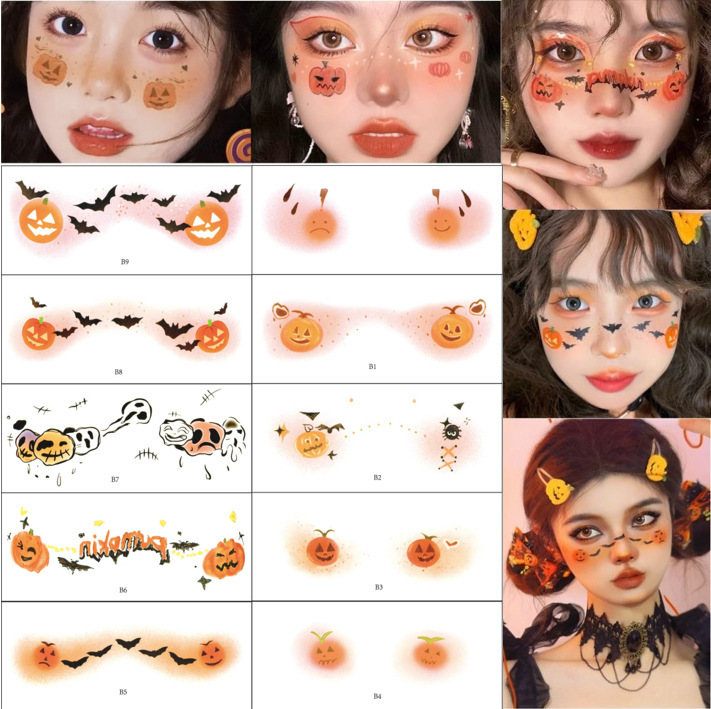 Halloween Face Stickers Children's Tattoo Stickers Boys and Girls Cartoon Simulation Pumpkin Skull Ghost Fake Scar Decoration Stickers