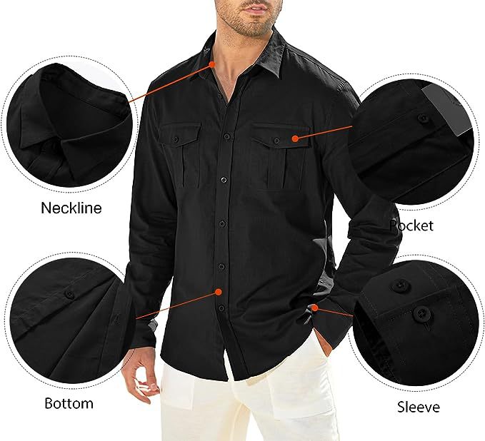 Herren Freizeithemd Langarm Baumwolle Leinen Mit Doppeltasche_voghion.com