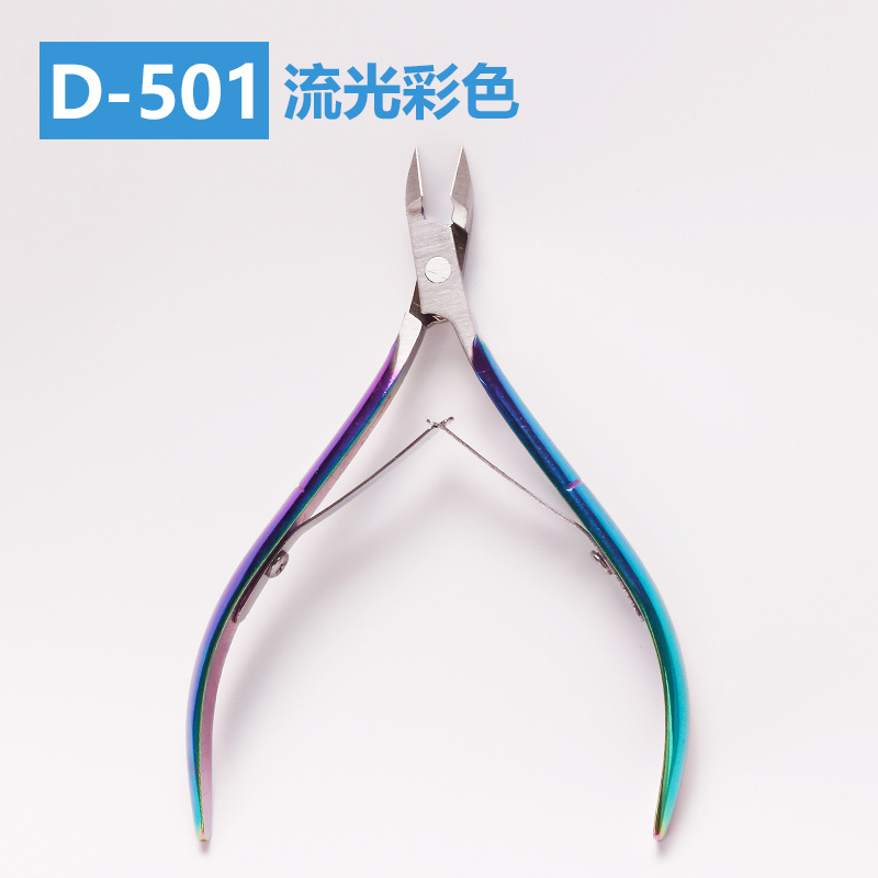 Exclusivas para herramientas de uñas transfronterizas, tijeras para la piel muerta de acero inoxidable D501, esmalte de uñas dorado de titanio de color, tijeras de uñas oblicuas