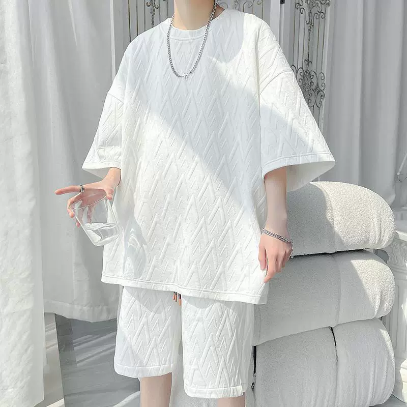 肌理感提花短袖t恤男夏季休闲运动套装青少年痞帅男装搭配两件套