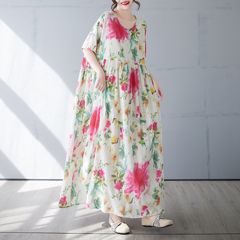 plus size Summer New Round Neck dress Long Elegant Mother Dress Loose High-end Sense Meat Covering Holiday Travel Style plus size Summer New Round Neck dress Long Elegant Mother Dress Loose High-end Sense Meat Covering Holiday Travel Style