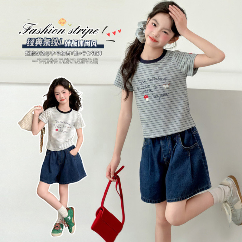 Zhili children's clothing girls' striped short-sleeved denim shorts set 2026 new style girls' fashionable casual T-shirt denim