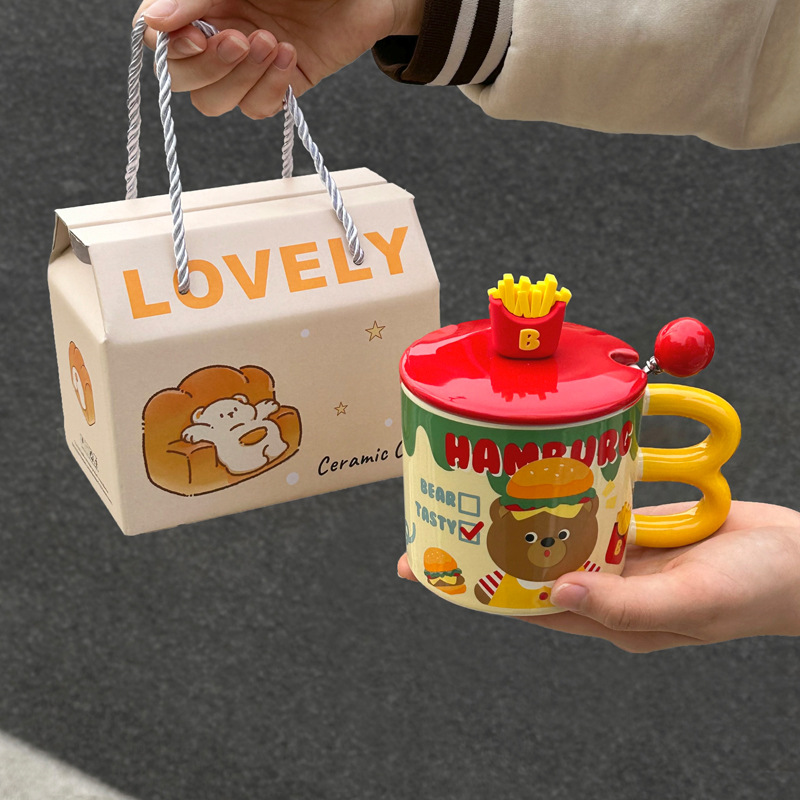 Hermosas tazas de papas fritas francesas de gran capacidad para niños y niñas tazas de cerámica con cubierta de cucharas de café de oficina tazas de leche