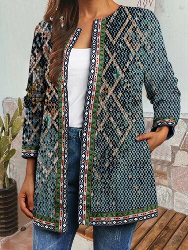 9399#Foreign Trade Cross-border Autumn and Winter New Retro Ethnic Style Printed Long Sleeve Jacket Cardigan Women's Top
