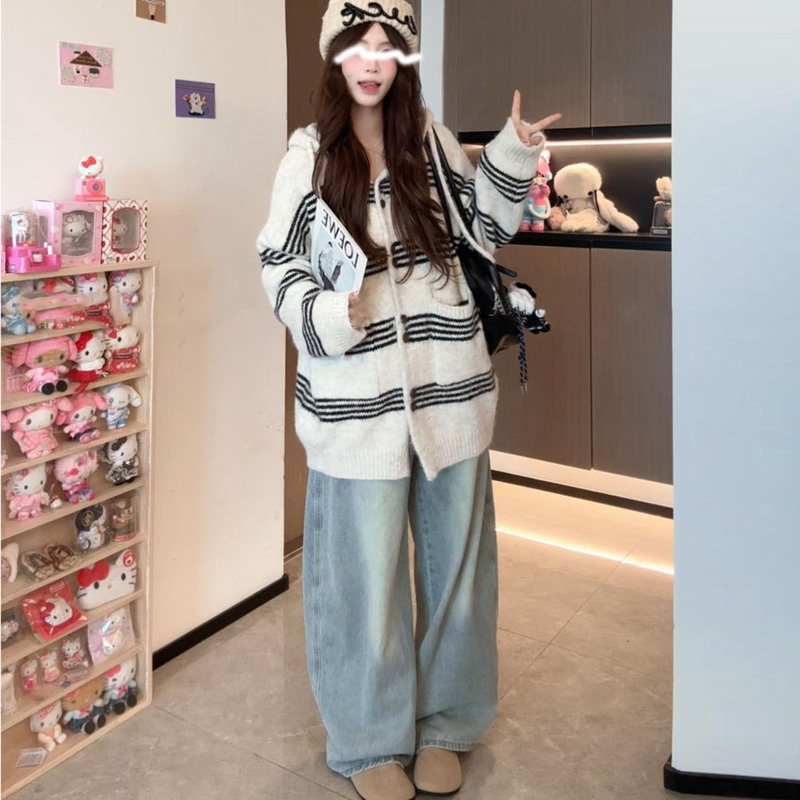 秋冬宽松休闲条纹连帽毛衣外套女中长款慵懒风松弛感针织开衫韩系|undefined