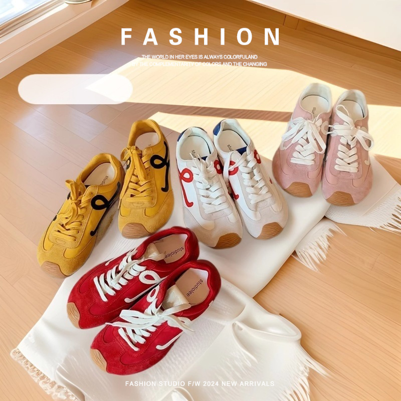 New Style Cowhide Thick-Soled White Sneakers, Sporty Casual Shoes, Cute and Quirky German Training Shoes for Women, Genuine Leather, Wang Yibo Same Style