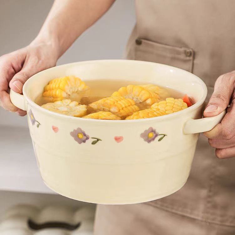 紫藤花双耳陶瓷汤碗家用奶油大容量水桶碗泡面高颜值碗盘餐具