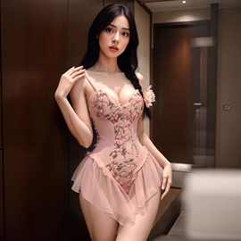 花俏情趣内衣优雅吊带刺绣欲系修身聚拢碎花网纱绑带紧身一件代发