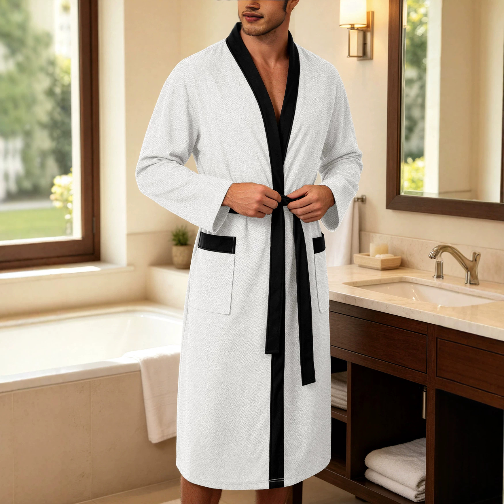 Amazon transfronterizo hombre twill lazo doble bolsillo ropa de baño casual hotel correa Europa y América ropa de dormir larga ropa para el hogar
