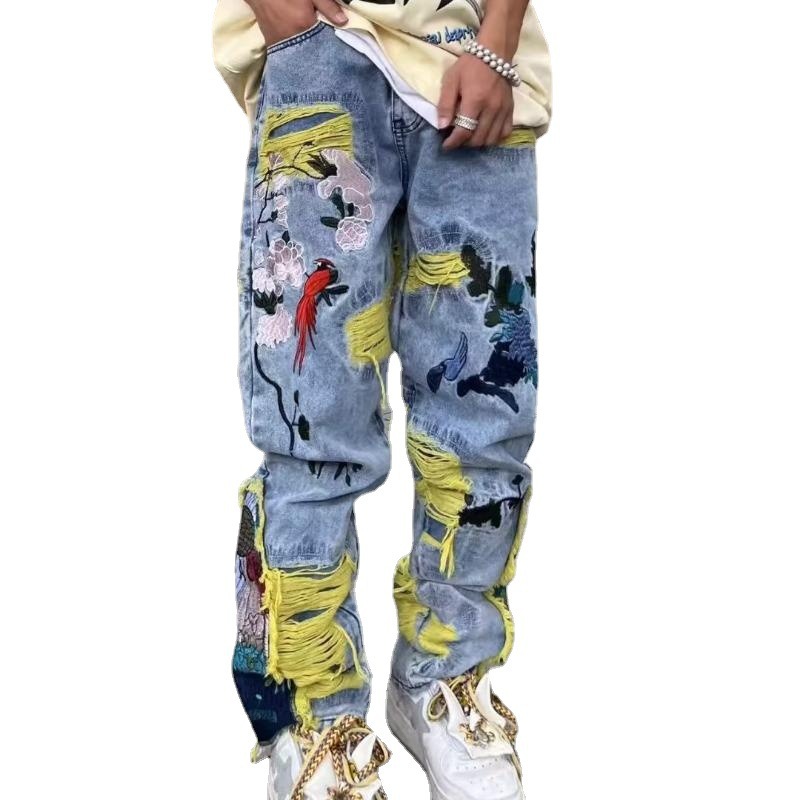 Heavy Embroidered Ripped Jeans American Hong Kong Style Street Fashion for Men And Women mid Waist Straight Pants Blue Long Brushed_voghion.com