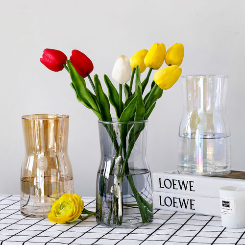 ins transparent colorful glass vase, simple flower arrangement, gradient wide-mouth crafts, fresh desktop decorations
