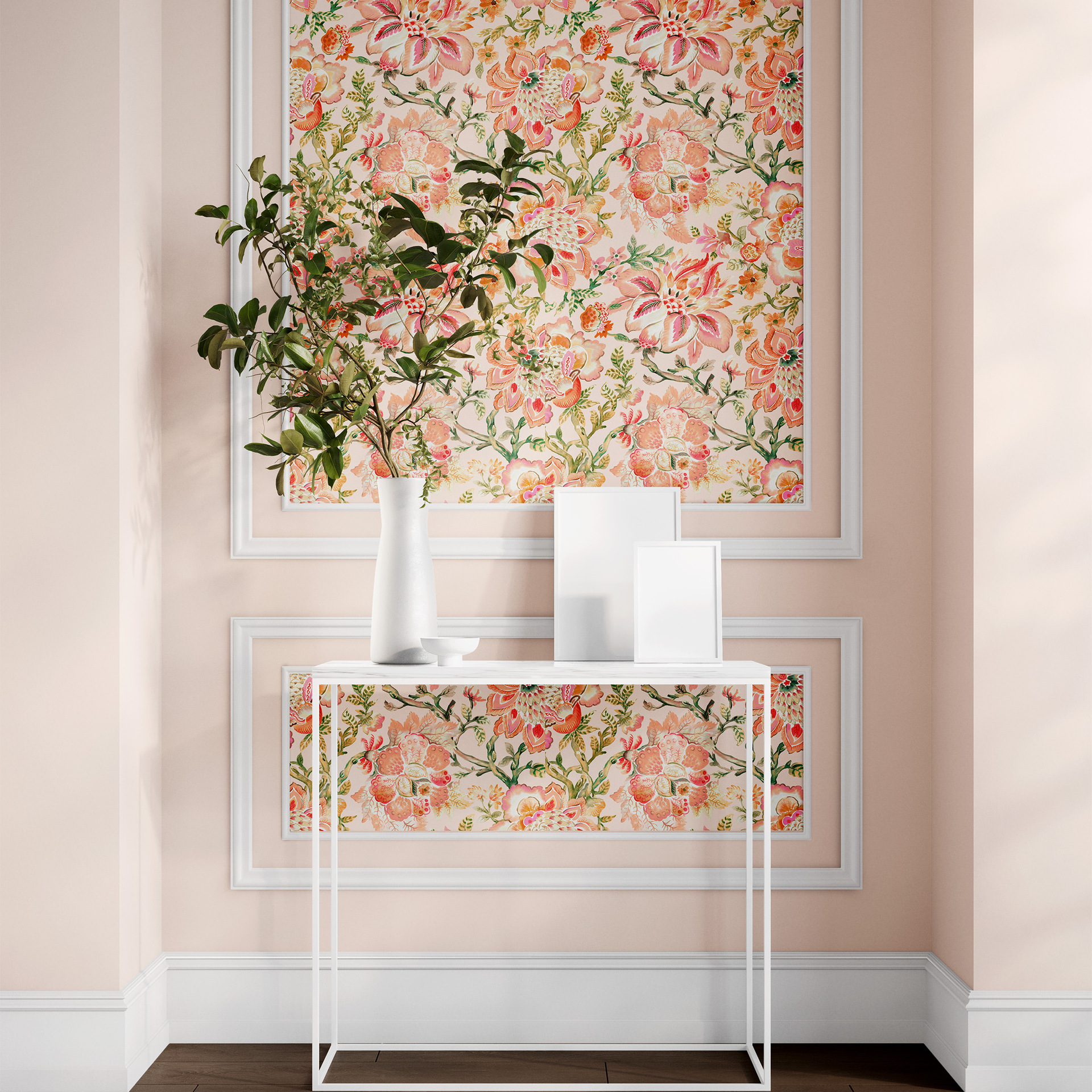 Vintage Flower Popular Peach Powder Pantone 2024 Hand-painted Forest Green Plant Self-adhesive Wallpaper Bedroom Bathroom Flower Wallpaper