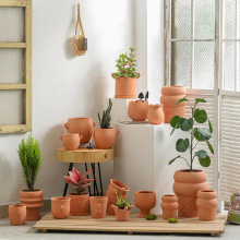 杂货风创意红陶土花盆北欧粗陶瓷手工透气吸水有孔带托盘绿植多肉