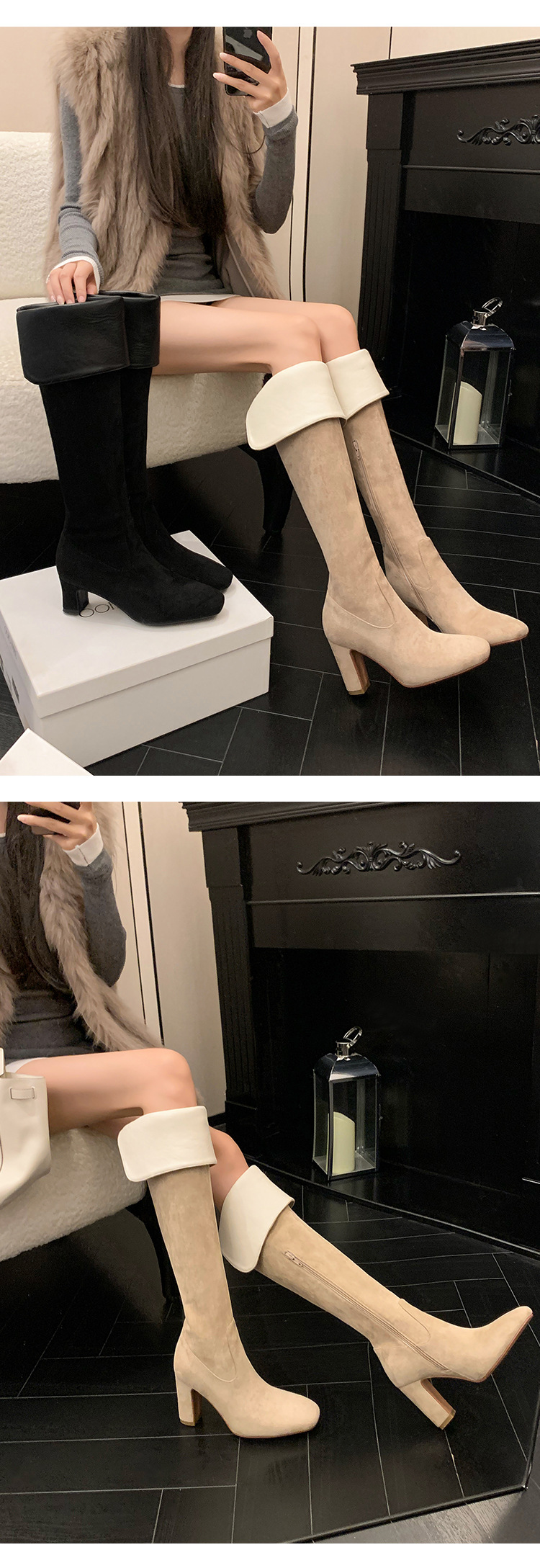 Boot nữ cổ cao quá gối mũi vuông gót thô 5 cm phong cách Hàn Quốc, có thể gập ống — Lớp lót nhung ống nhỏ màu đen 5cm chi tiết 21