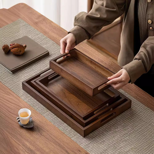 Rectangular wooden tray bamboo breakfast plate, black walnut color, tea cup plate set for commercial, light luxury, aroma diffuser afternoon tea tray