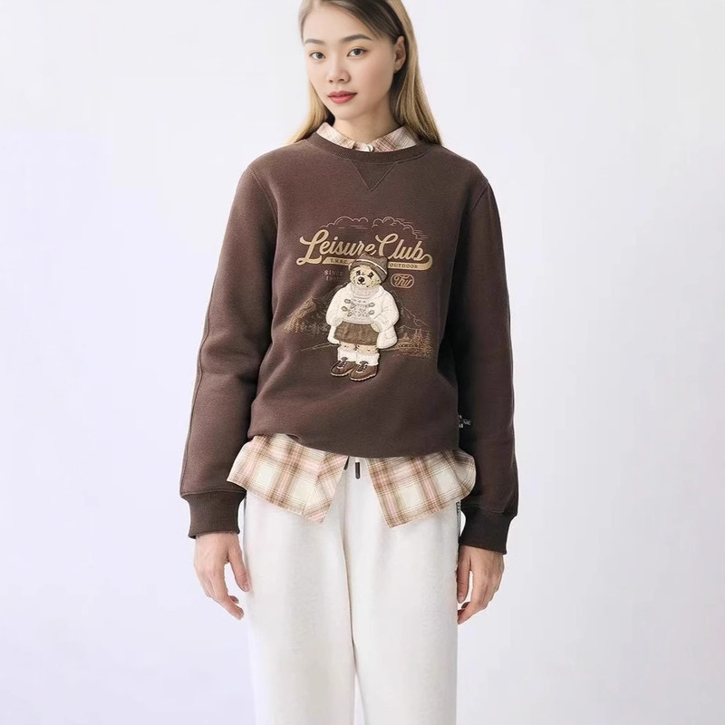 25 Winter New Style Daily Wear Bear Embroidery Round Neck Fleece Top with Pockets Bear Fleece Sweatshirt TTMA254TC1K 25 Winter New Style Daily Wear Bear Embroidery Round Neck Fleece Top with Pockets Bear Fleece Sweatshirt TTMA254TC1K