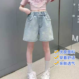 韩系女童浅蓝牛仔短裤 夏季薄款松紧腰 蝴蝶结刺绣宽松阔腿五分裤