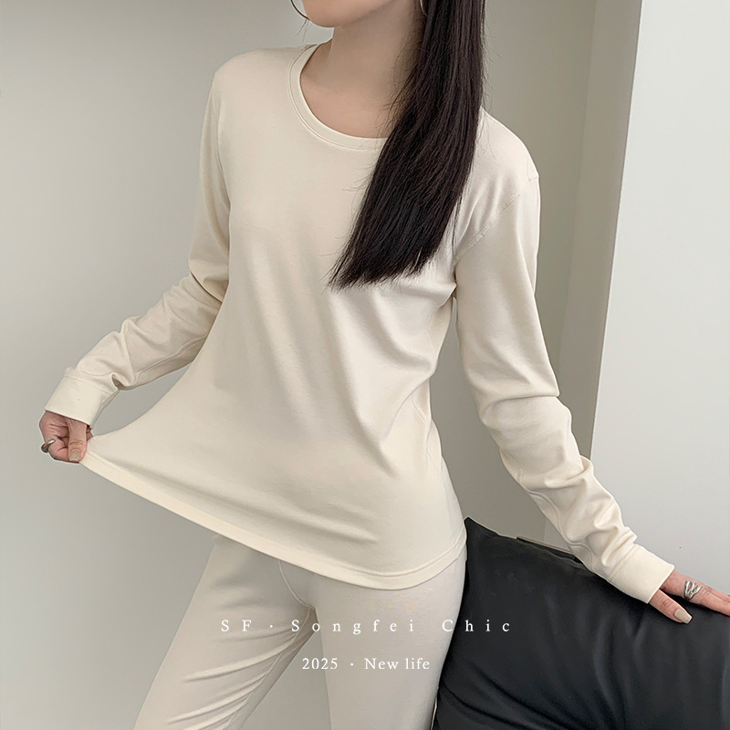 3567玛卡绒秋冬保暖套装磨毛修身线衣线裤圆领打底秋衣秋裤柔软女|undefined