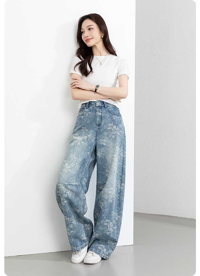 Quần jean nữ ống rộng cạp cao họa tiết jacquard kiểu Trung Hoa mới — xanh lam chi tiết 24