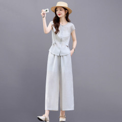 2025年新作夏の女性用ファッションスーツ、高級感、スリム半袖シャツ、ハイウエストワイドパンツ2点セット