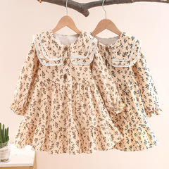 Women's Spring and Autumn Thick Dress with Fuzzy Floral Print, Large Flared Collar, Academic Style Navy Collar Princess Dress, Stylish and Trendy